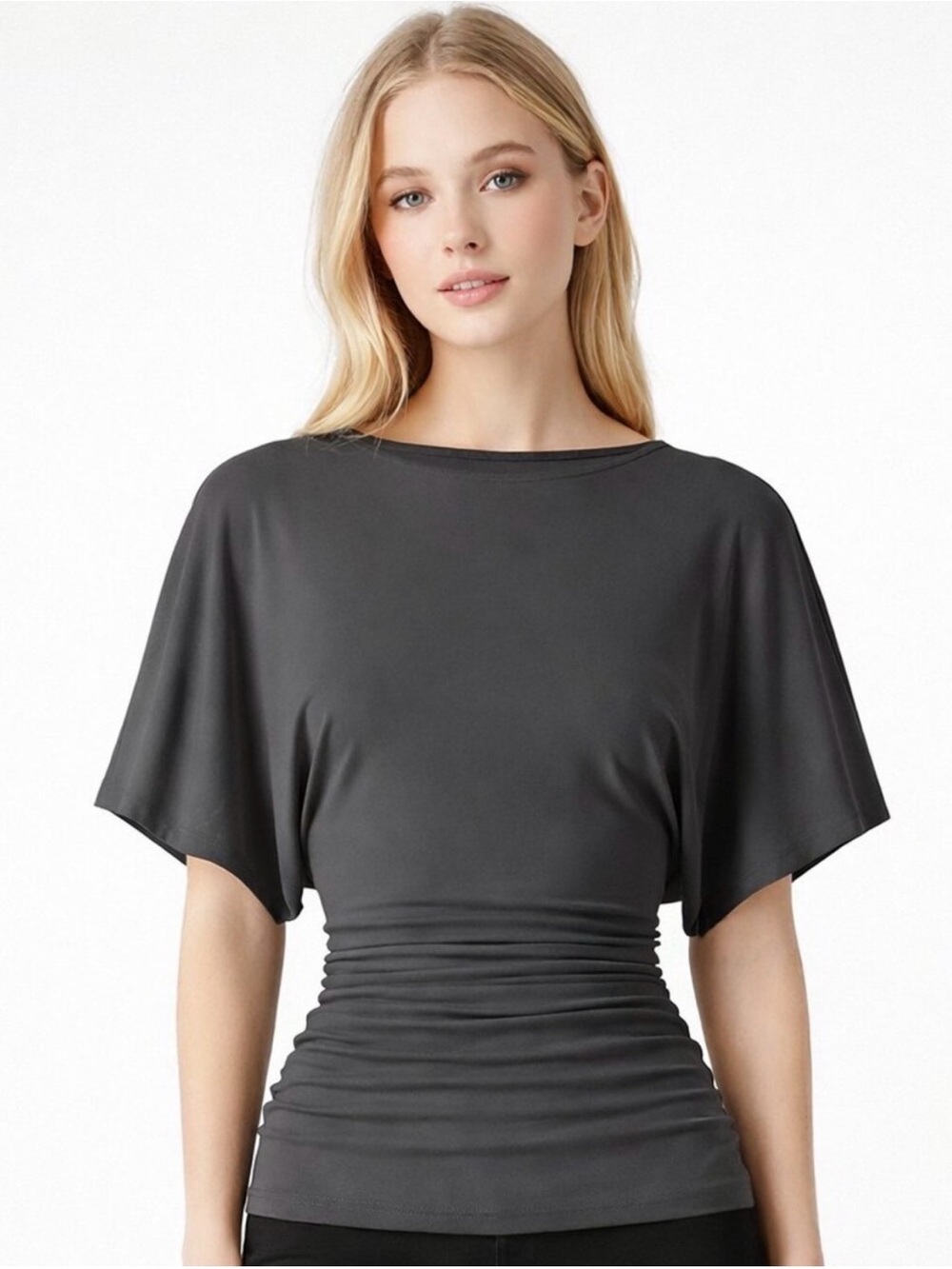 NWT OGL Charcoal Gray Effortless Boatneck Batwing Sleeve Side Ruched L.